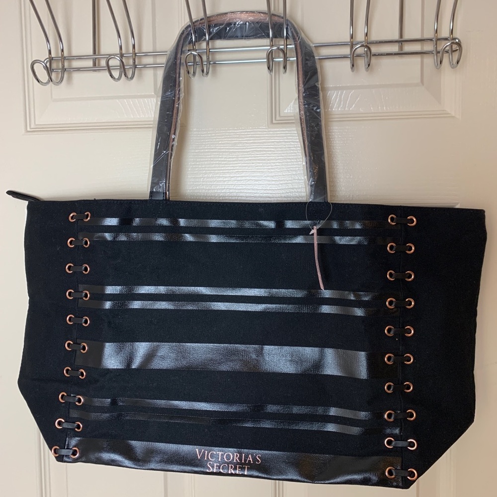 victoria secret black tote bag w/ gold accents